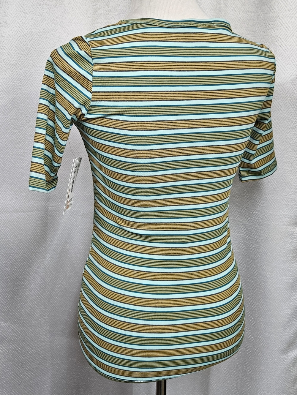 LuLaRoe Gigi XS shirt Striped Short Sleeve Tee Aqua Olive - Picture 3 of 6